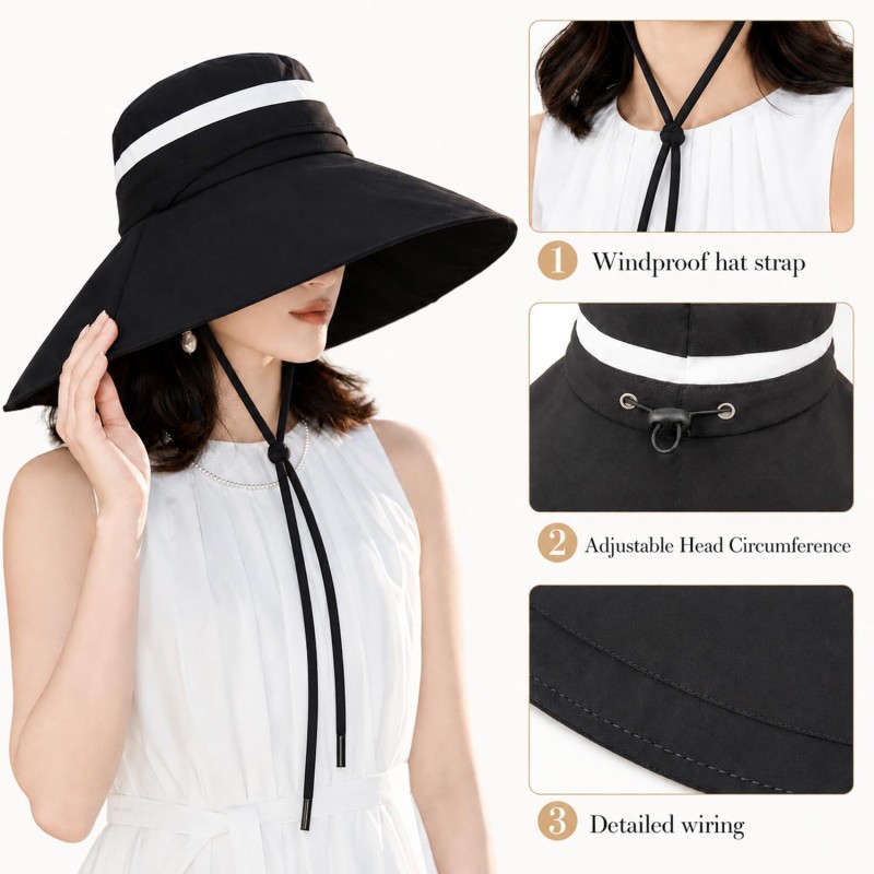 Women’s 2-in-1 Wide Brim UV Protection Bucket Sun Hat (Black) Women's black 2-in-1 UV protection bucket sun hat with detachable crown for hiking, garden, and safari