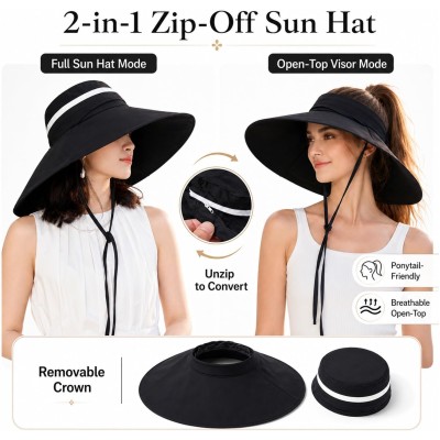 Women’s 2-in-1 Wide Brim UV Protection Bucket Sun Hat (Black) Women's black 2-in-1 UV protection bucket sun hat with detachable crown for hiking, garden, and safari