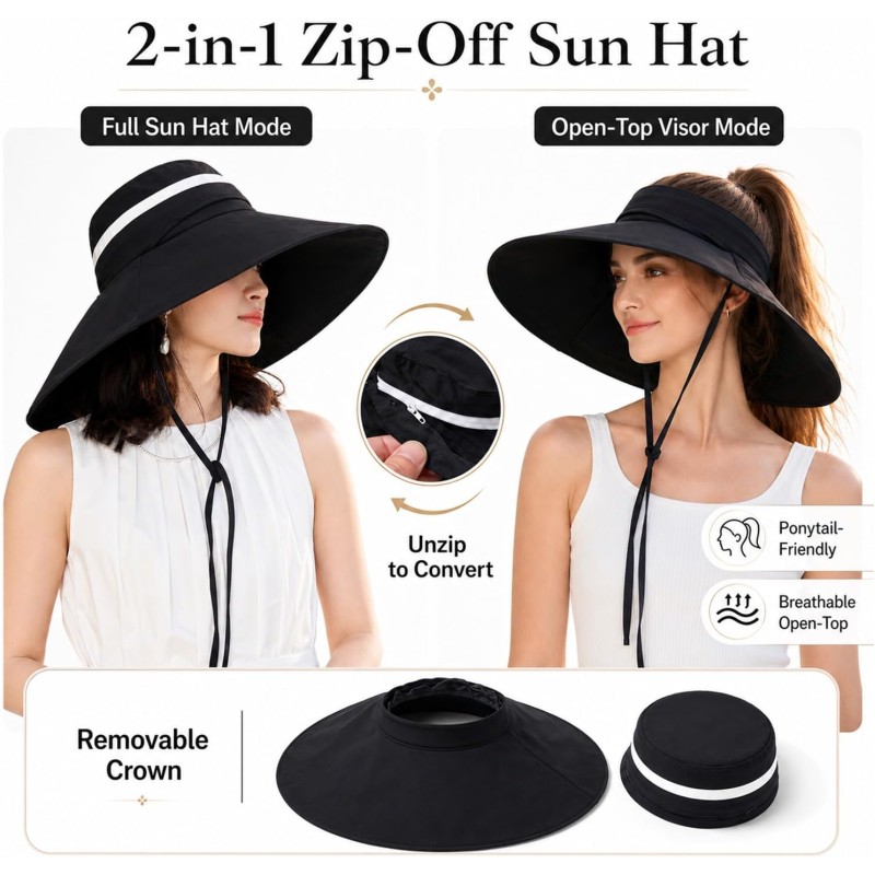 Women’s 2-in-1 Wide Brim UV Protection Bucket Sun Hat (Black) Women's black 2-in-1 UV protection bucket sun hat with detachable crown for hiking, garden, and safari