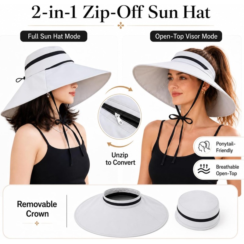Women's gray wide brim convertible UV protection sun hat for hiking