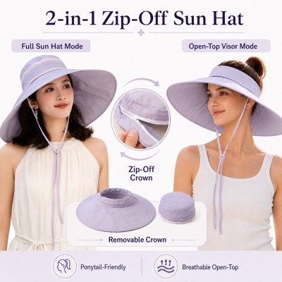 Women's light purple wide brim sun hat with detachable crown for UV protection