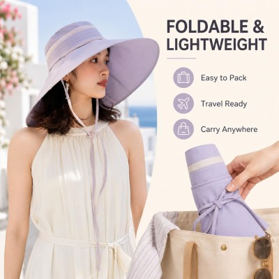 Women's light purple wide brim sun hat with detachable crown for UV protection
