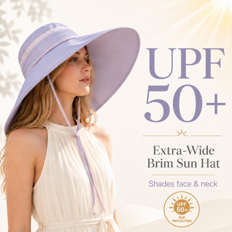 Women's light purple wide brim sun hat with detachable crown for UV protection