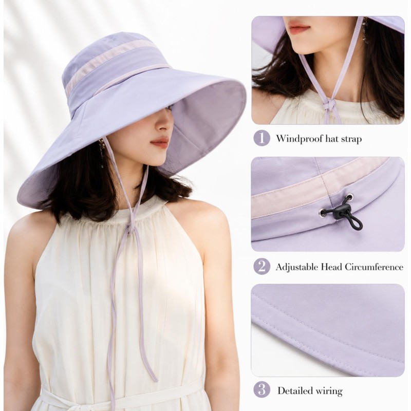 Women's light purple wide brim sun hat with detachable crown for UV protection