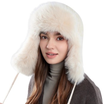 Beige Faux Fur Lined Ushanka Trapper Hat – Men Women Winter Windproof Warm Knit Hunting Hat