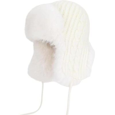 Cream white ushanka trapper hat with chunky knit and faux fur lining