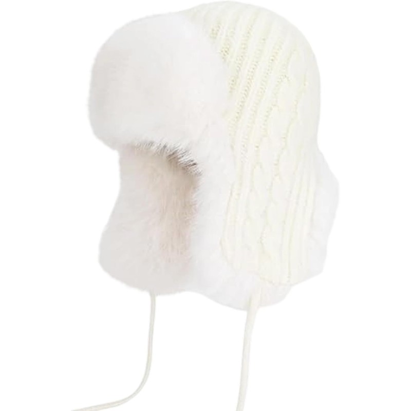 Cream white ushanka trapper hat with chunky knit and faux fur lining
