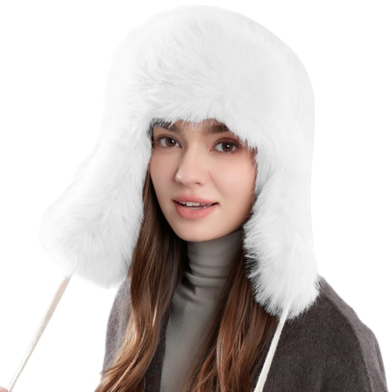 Cream white ushanka trapper hat with chunky knit and faux fur lining
