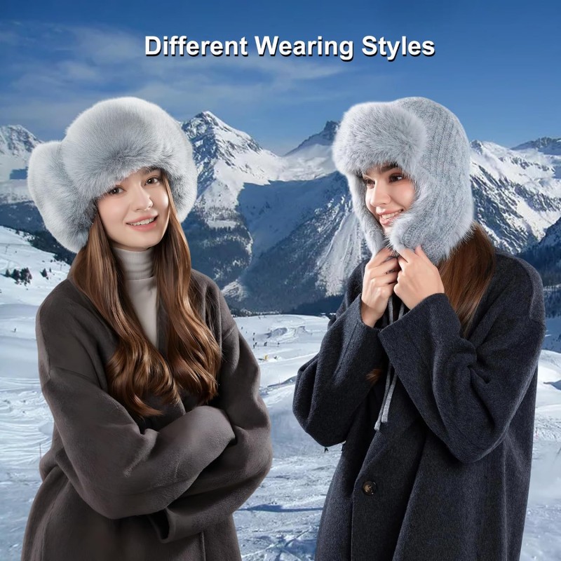 Gray Knit Ushanka Trapper Hat - Faux Fur Lined Winter Hunting Hat Gray knit ushanka trapper hat with faux fur lining for warm winter wear
