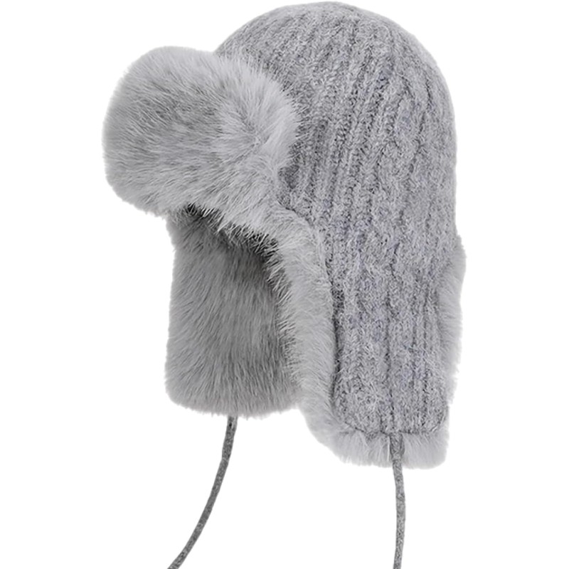 Gray Knit Ushanka Trapper Hat - Faux Fur Lined Winter Hunting Hat Gray knit ushanka trapper hat with faux fur lining for warm winter wear