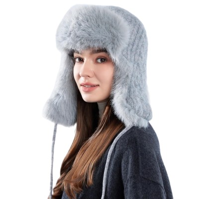 Gray Knit Ushanka Trapper Hat - Faux Fur Lined Winter Hunting Hat Gray knit ushanka trapper hat with faux fur lining for warm winter wear