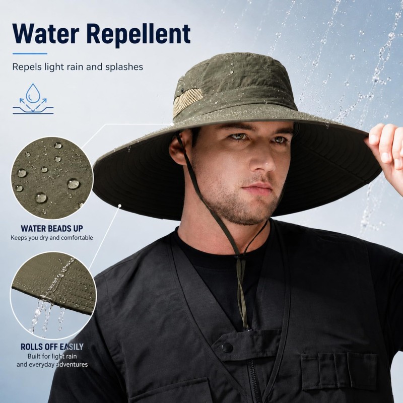 Army Green Wide Brim UV Sun Hat - Outdoor Fishing Hiking Safari Hat Army Green Wide Brim UV Sun Hat for Men Women, Ventilated and Packable