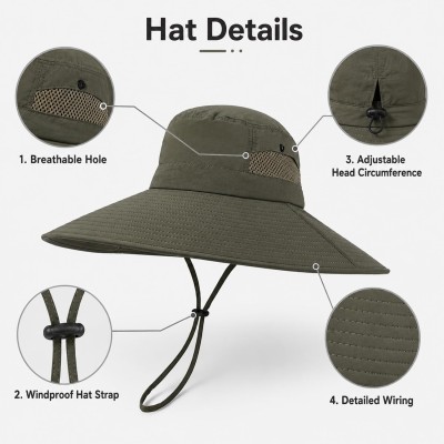 Army Green Wide Brim UV Sun Hat - Outdoor Fishing Hiking Safari Hat Army Green Wide Brim UV Sun Hat for Men Women, Ventilated and Packable