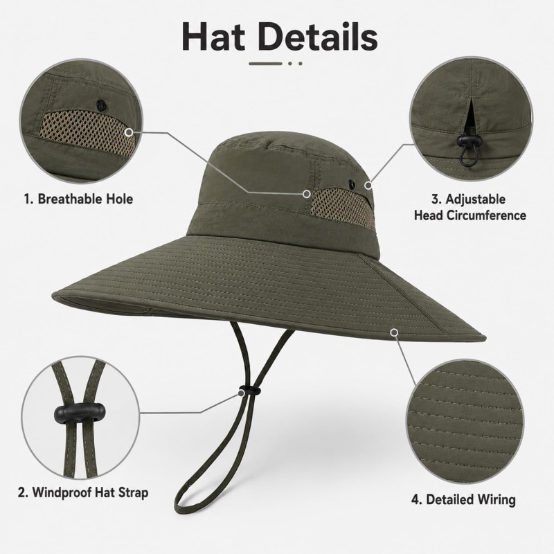 Army Green Wide Brim UV Sun Hat - Outdoor Fishing Hiking Safari Hat Army Green Wide Brim UV Sun Hat for Men Women, Ventilated and Packable