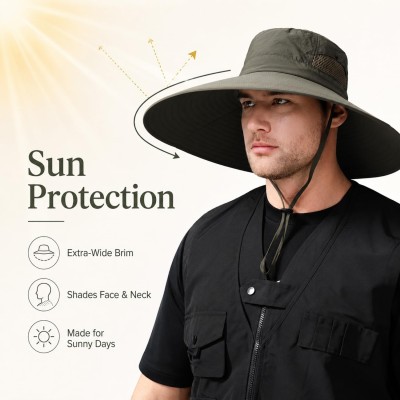 Army Green Wide Brim UV Sun Hat - Outdoor Fishing Hiking Safari Hat Army Green Wide Brim UV Sun Hat for Men Women, Ventilated and Packable