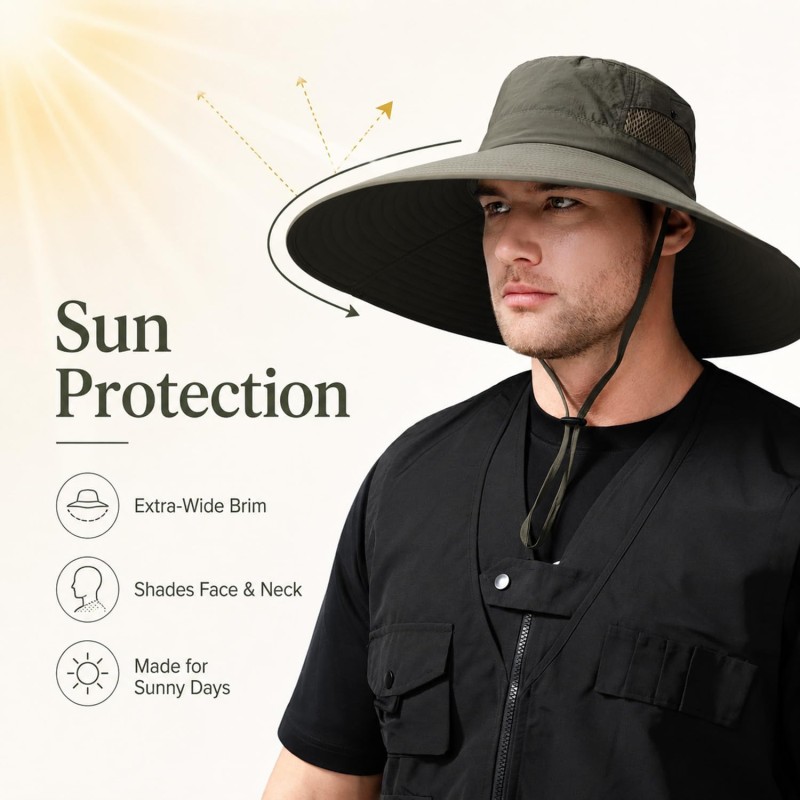 Army Green Wide Brim UV Sun Hat - Outdoor Fishing Hiking Safari Hat Army Green Wide Brim UV Sun Hat for Men Women, Ventilated and Packable