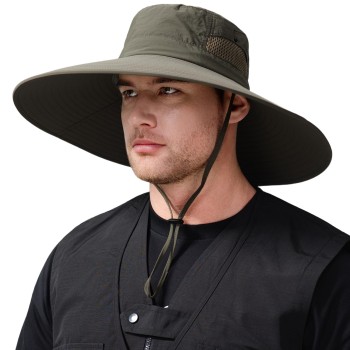 Wide Brim UV Sun Hat Men Women Ventilated Packable Outdoor Fishing Hiking Safari Army Green