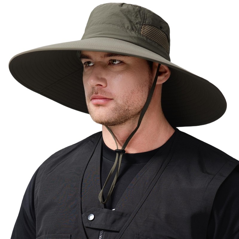Army Green Wide Brim UV Sun Hat - Outdoor Fishing Hiking Safari Hat Army Green Wide Brim UV Sun Hat for Men Women, Ventilated and Packable
