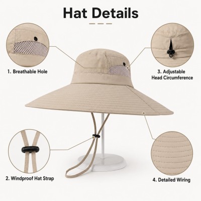 Beige unisex wide brim sun hat with UV protection for hiking, fishing, safari