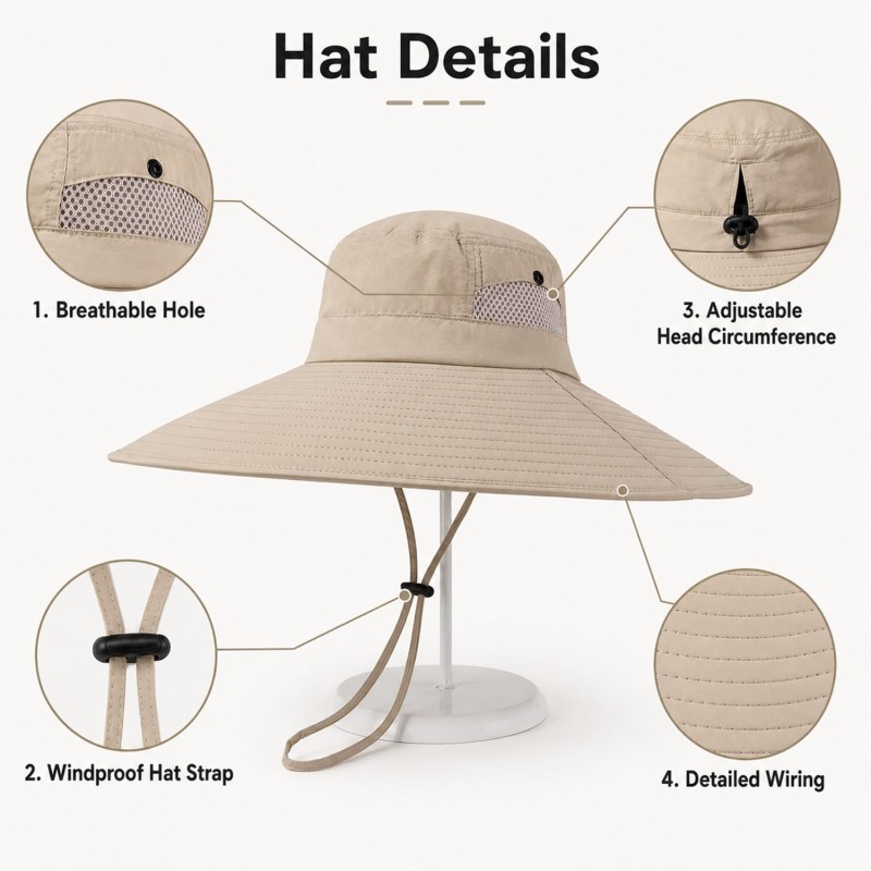 Beige unisex wide brim sun hat with UV protection for hiking, fishing, safari