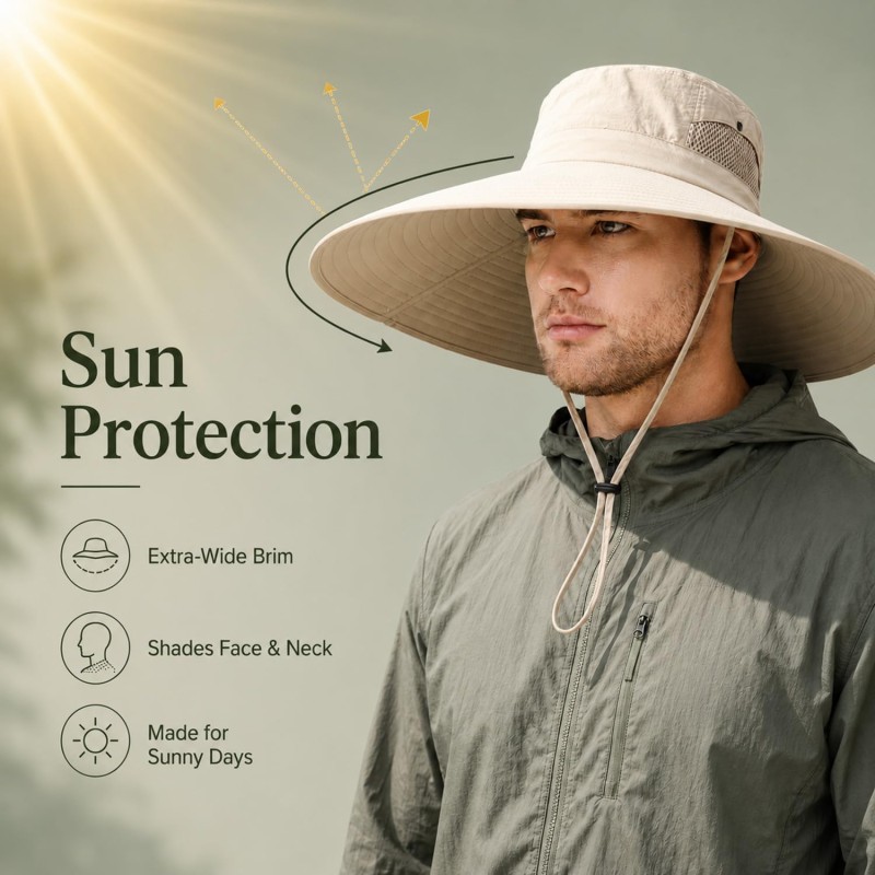 Beige unisex wide brim sun hat with UV protection for hiking, fishing, safari