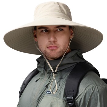 Beige Unisex Wide Brim Sun Hat UV Protection Packable Adjustable Hiking Fishing Safari Bucket Hat