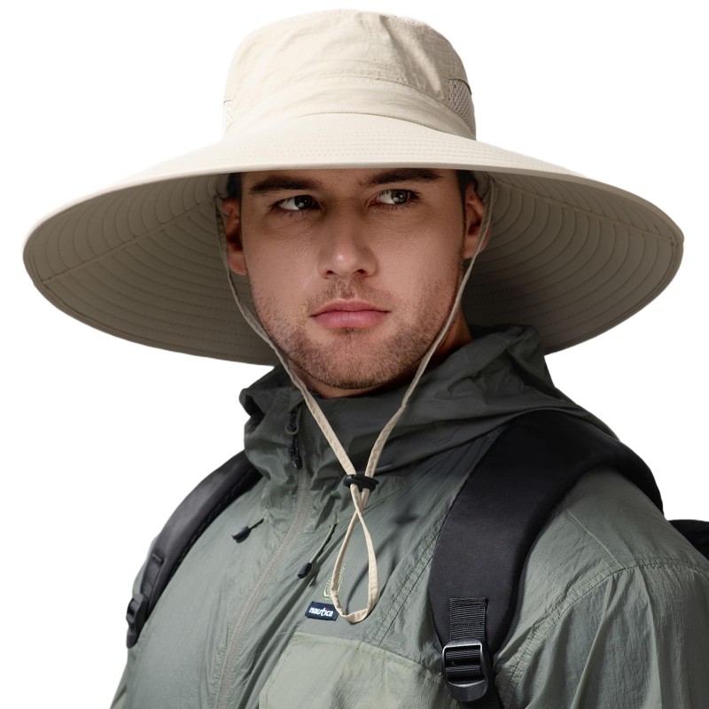 Beige unisex wide brim sun hat with UV protection for hiking, fishing, safari