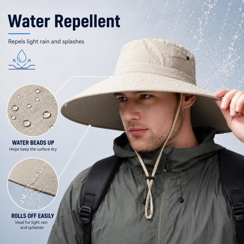 Beige unisex wide brim sun hat with UV protection for hiking, fishing, safari