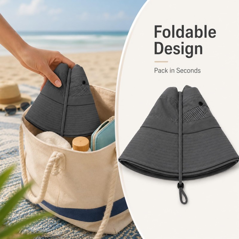 Dark Gray Wide Brim Bucket Sun Hat with UV Protection