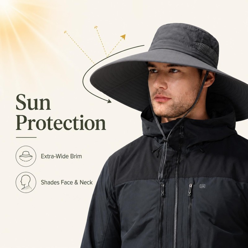 Dark Gray Wide Brim Bucket Sun Hat with UV Protection