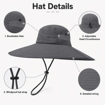 Wide Brim Bucket Sun Hat Men Women UV Protection Ventilated Packable Adjustable Drawstring Outdoor Dark Gray Wide Brim Bucket Sun Hat Men Women UV Protection Ventilated Packable Adjustable Drawstring Outdoor Dark Gray