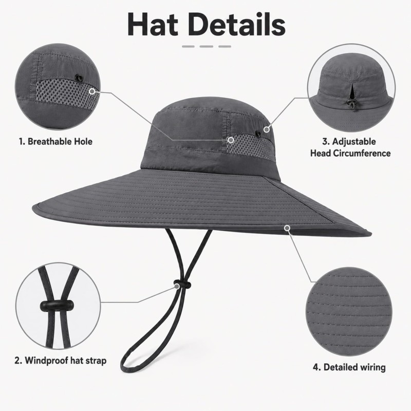 Dark Gray Wide Brim Bucket Sun Hat with UV Protection