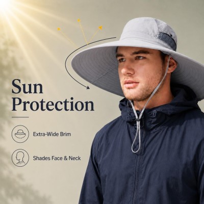 Men Women Wide Brim UV Protection Sun Hat Light Gray