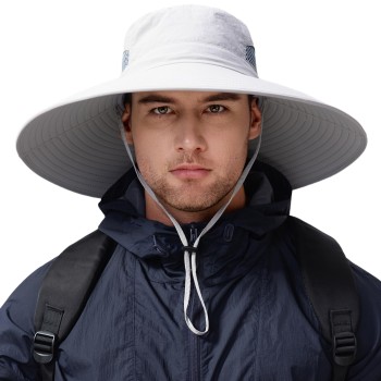 Men Women Wide Brim Sun Hat UV Protection Packable Adjustable Drawstring Hiking Fishing Light Gray