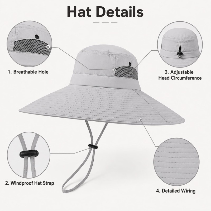 Men Women Wide Brim UV Protection Sun Hat Light Gray