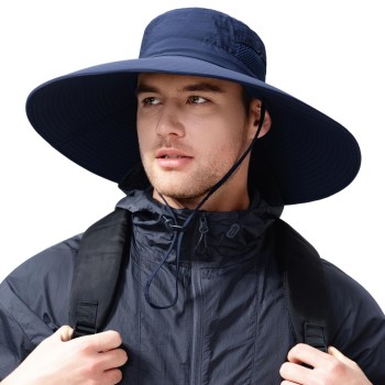 Wide Brim Sun Hat UV Protection Packable Bucket Hat Adjustable Drawstring Men Women Outdoor Fishing Hiking Safari Navy