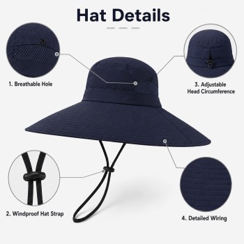 Wide Brim Sun Hat UV Protection Packable Bucket Hat Adjustable Drawstring Men Women Outdoor Fishing Hiking Safari Navy