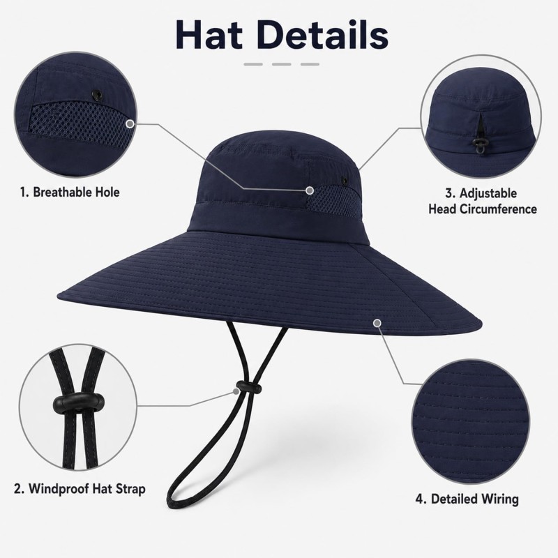 Navy Wide Brim UV Protection Packable Bucket Hat Navy wide brim UV protection packable bucket hat for outdoor activities