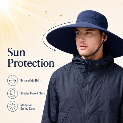 Navy Wide Brim UV Protection Packable Bucket Hat Navy wide brim UV protection packable bucket hat for outdoor activities
