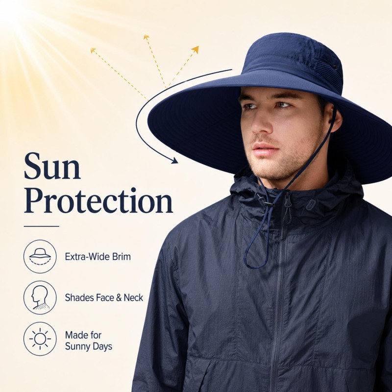 Navy Wide Brim UV Protection Packable Bucket Hat Navy wide brim UV protection packable bucket hat for outdoor activities