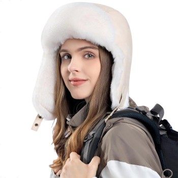 Women Men Beige Ushanka Trapper Hat – Faux Fur Lined Windproof Water Repellent Warm Winter Hunting Hat