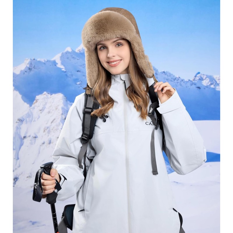 Brown Russian Ushanka trapper hat with faux fur lining, water-repellent winter hat for men and women
