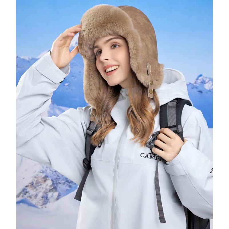 Brown Russian Ushanka trapper hat with faux fur lining, water-repellent winter hat for men and women