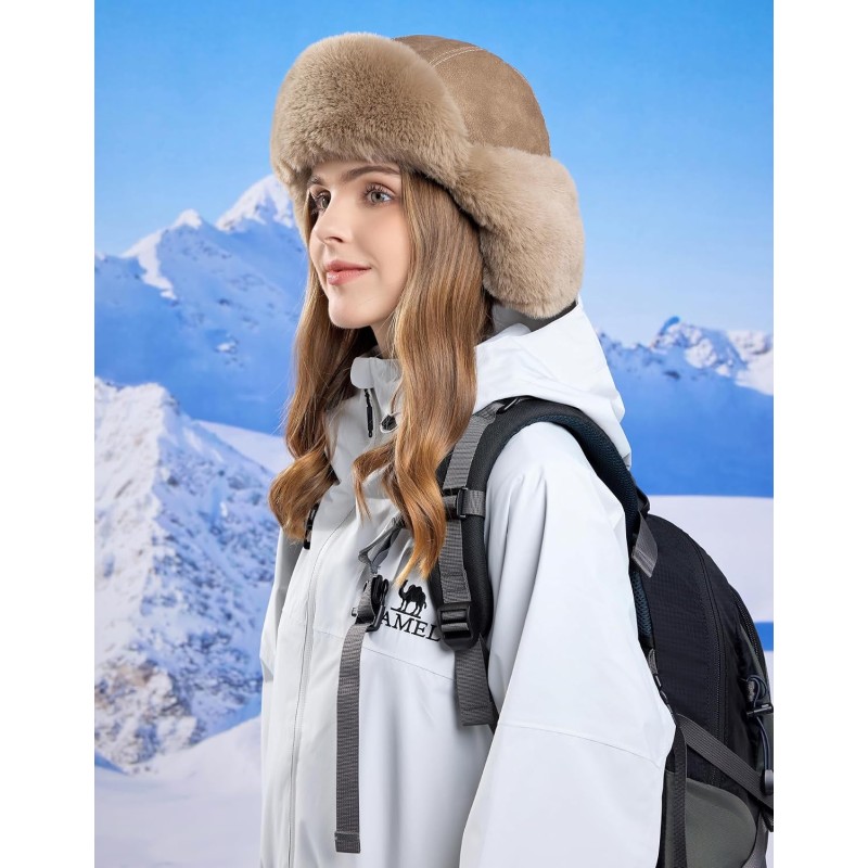 Brown Russian Ushanka trapper hat with faux fur lining, water-repellent winter hat for men and women