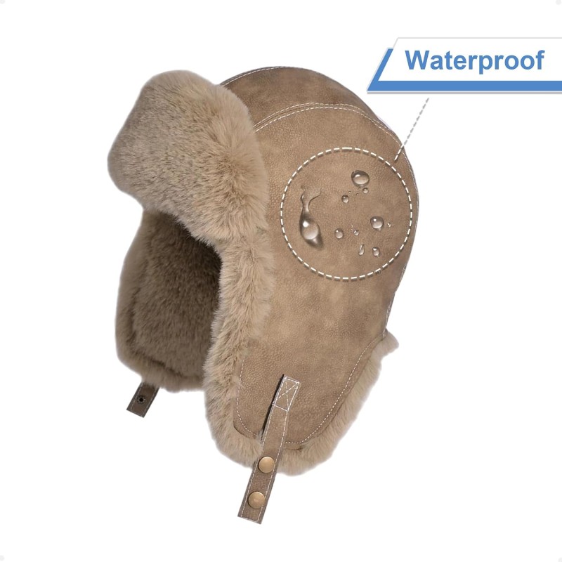 Brown Russian Ushanka trapper hat with faux fur lining, water-repellent winter hat for men and women