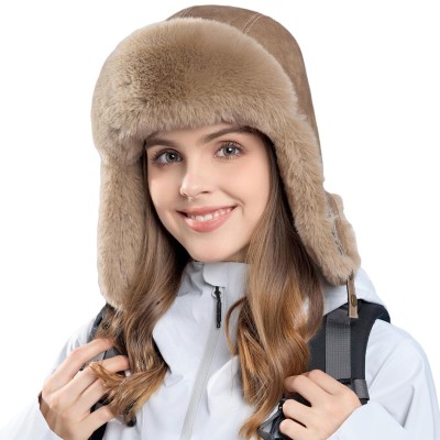 Brown Russian Ushanka trapper hat with faux fur lining, water-repellent winter hat for men and women