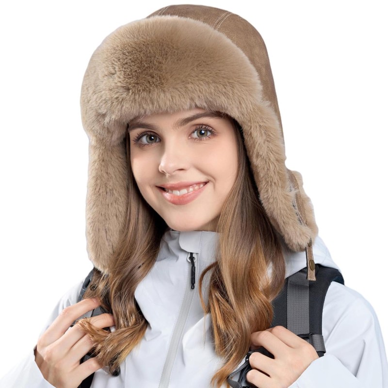 Brown Russian Ushanka trapper hat with faux fur lining, water-repellent winter hat for men and women