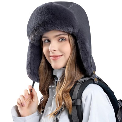 Grey Faux Fur Lined Ushanka Winter Hunting Hat
