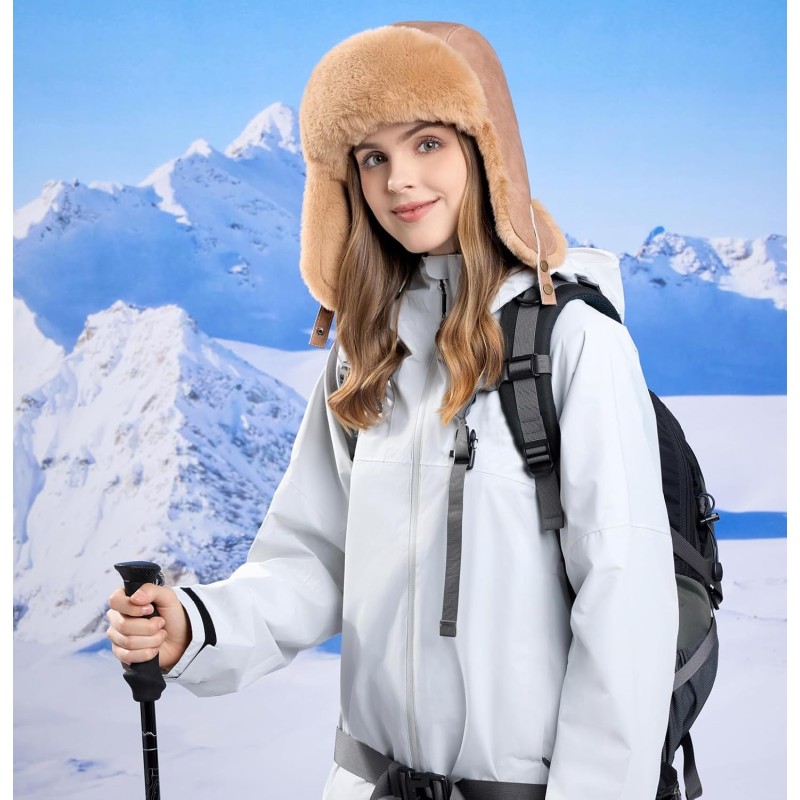 Khaki Faux Fur Lined Ushanka Trapper Winter Hat Khaki faux fur lined ushanka trapper hat, windproof water-repellent winter hat for men and women