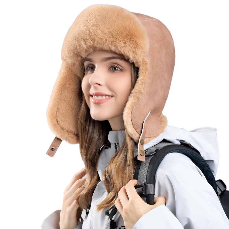 Khaki Faux Fur Lined Ushanka Trapper Winter Hat Khaki faux fur lined ushanka trapper hat, windproof water-repellent winter hat for men and women